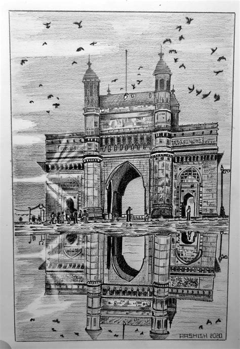 Ink Drawing of India Gate with Birds