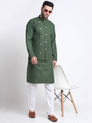 Buy Kraft India Men Green Kurta & White Pyjama with Green Embroidered ...