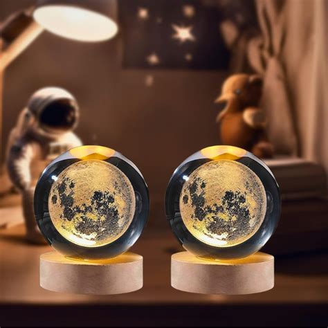 3D Moon Crystal Night Lamp with Warm White LED & Wooden Base (Pack Of ...