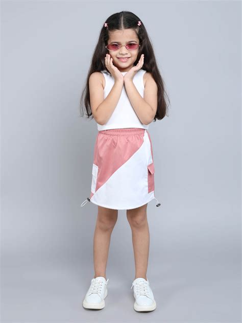 Solid sleeveless crop top with color-block parachute skirt set-White/P ...