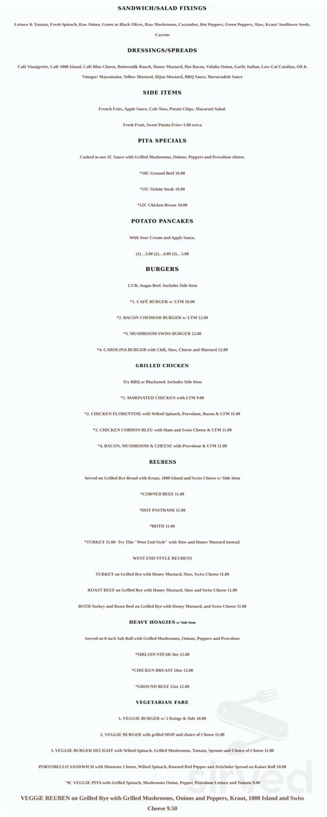 West End Cafe menu in Winston-Salem, North Carolina, USA