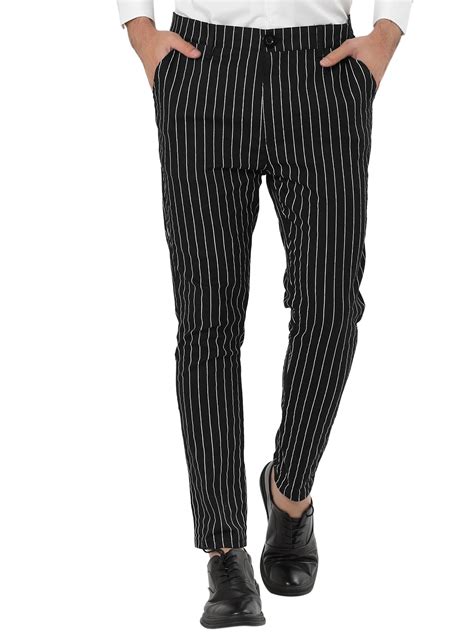 Unique Bargains Men's Slim Fit Striped Dress Pants 36 Black Button Zip ...