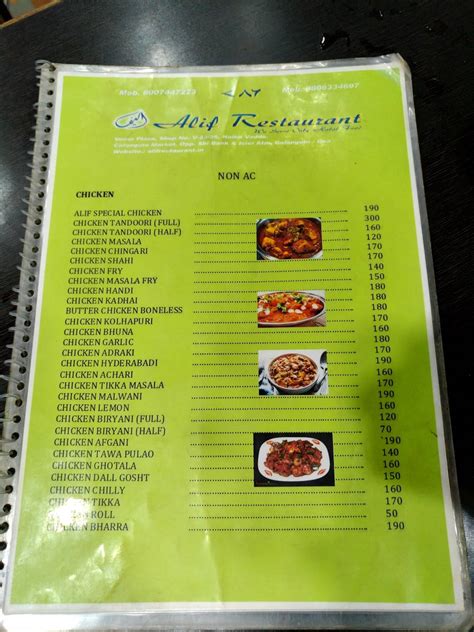 Menu at Alif Restaurant, Calangute