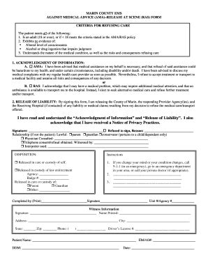 Refusal Of Care Against Medical Advice Forms and Templates - Fillable ...