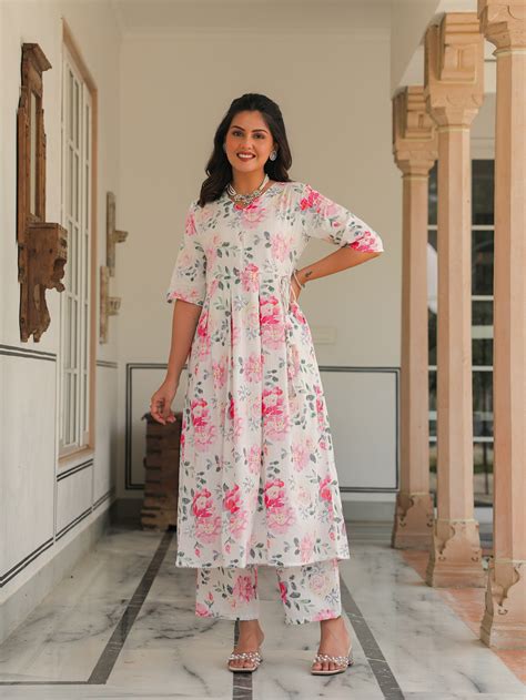 Buy White Floral A-line Lurex Cotton Kurta Set TP1018T | Aramya