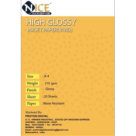 Nice Imaging Cast Coated High Glossy Inkjet Paper (VIVID) A4 Size - 210 ...