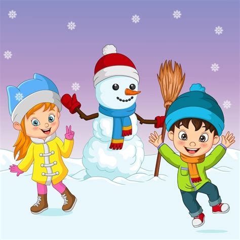 Cartoon little kids playing in the snow with snowman | Premium Vector