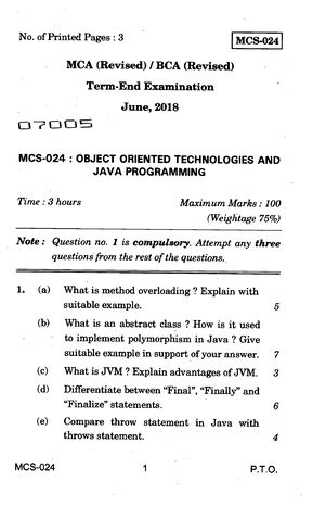 MCS-024D16 - Object Oriented Technologies and Java Programming - No. of ...