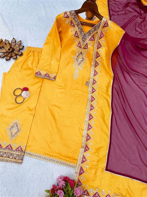 Wedding Wear Mustard Color Ready Made Sequence Work Taffeta Silk Salwa ...