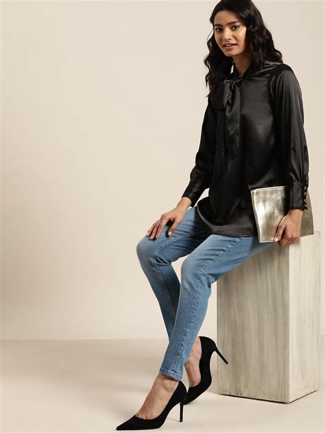 Solid Dark Black Regular Fit Full Cuff Sleeve Satin Top