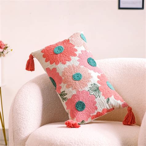 Pink Lumbar Throw Cushion Cover With Tassels 20x12 Inch Online ...