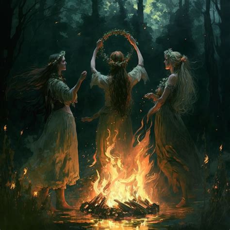 Pagan ceremony, witches, Wiccan, women dancing around fire, full moon ...