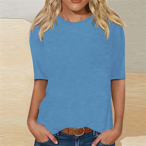 Eiyaclvo Elbow Length Tops for Women 2025 Fall Solid Color Crew Neck T ...