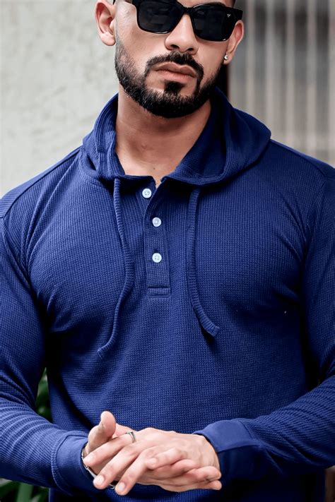Navy Blue Waffle Placket Hooded T-Shirt – Gritstones