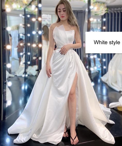 Various colors - Off the shoulder sleeveless satin split thigh trumpet wedding dress with ...