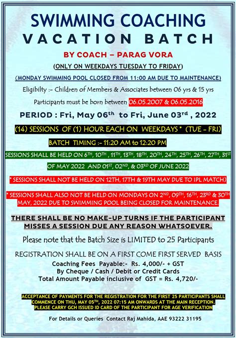 Swimming Coaching Vacation Batch 2022 - Garware Club House