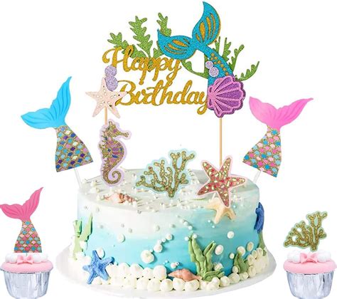 Buy Ocean Glitter Mermaid Theme Happy Birthday Cake Topper with Seaweed ...