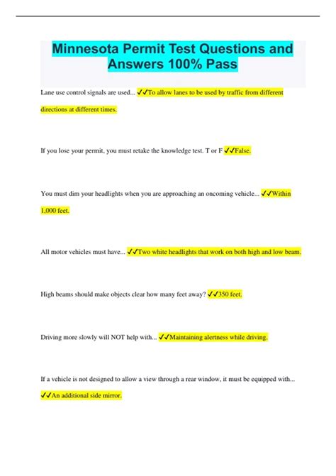 Minnesota Permit Test Questions and Answers 100% Pass - Minnesota ...
