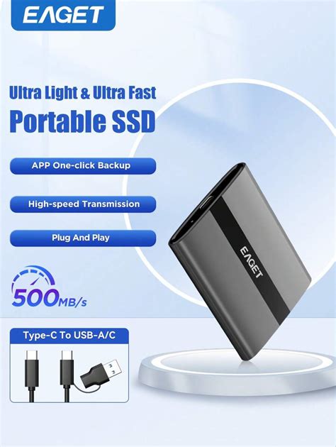 2T Portable SSD ,Up To 500MB/S Type-C To USB-A/C Data Cable Connect 1T ...