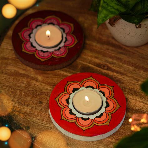 Buy Orange and Maroon Mandala Tealight Holders Online On Zwende