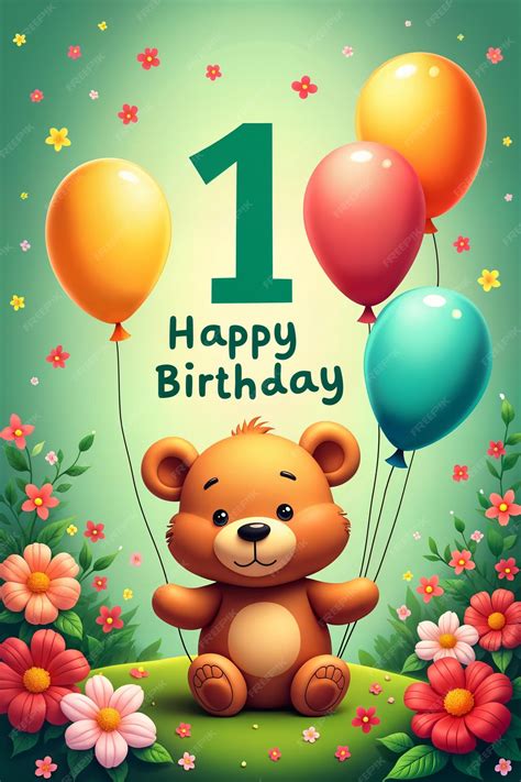 1st birthday card Cute teddy bear holding balloons celebrating a first ...