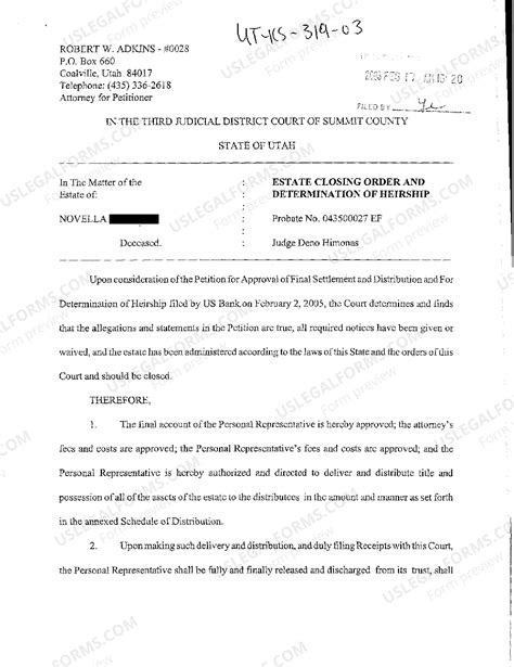 Utah Estate Closing Order and Determination of Heirship | US Legal Forms