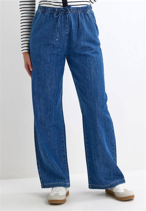 Womens Mid Blue Wide Leg Drawstring Jeans | Peacocks