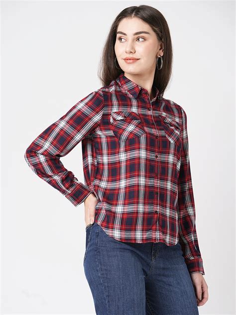 Buy Women Checked Slim Fit Spread Collar Curved Casual Shirt | Kraus Jeans