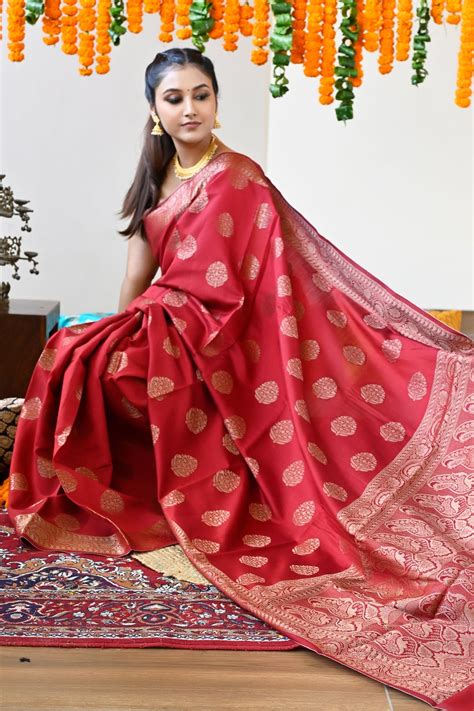 Maroon Pure Pondicherry Silk Handloom Saree – BharatSthali