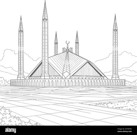 Detailed black and white line art illustration of Faisal Mosque in ...
