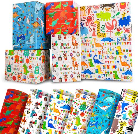 Amazon.com: Prasacco 6 Sheets Kids Birthday Wrapping Paper for Boys ...