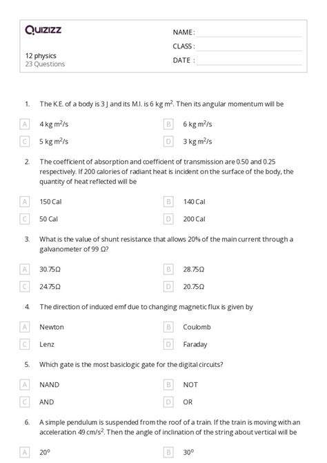 50+ Physics worksheets for 11th Class on Quizizz | Free & Printable