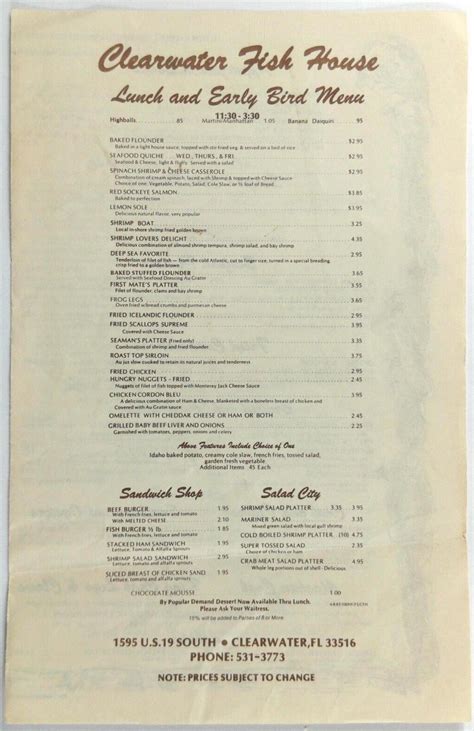 1970's Menu CLEARWATER FISH HOUSE Restaurant Clearwater Florida. : r ...