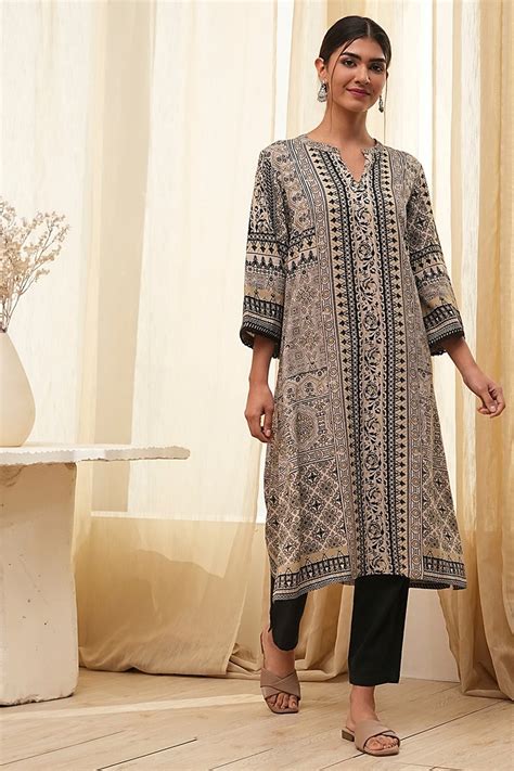 Ecru and Black Printed Straight Kurta at Biba India