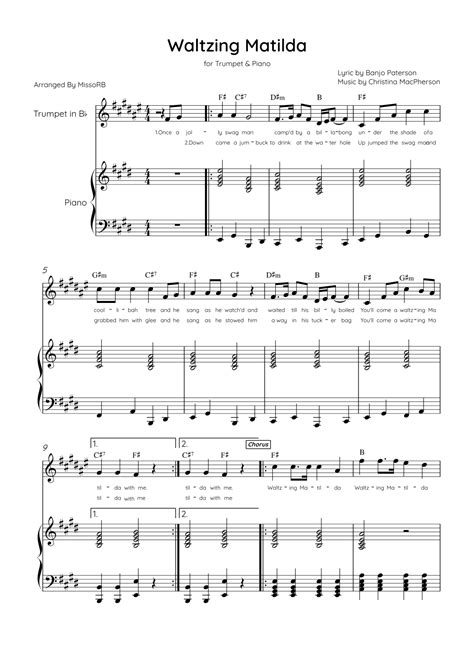 Waltzing Matilda - Trumpet & Piano in E Major With Lyrics & Chords (arr ...