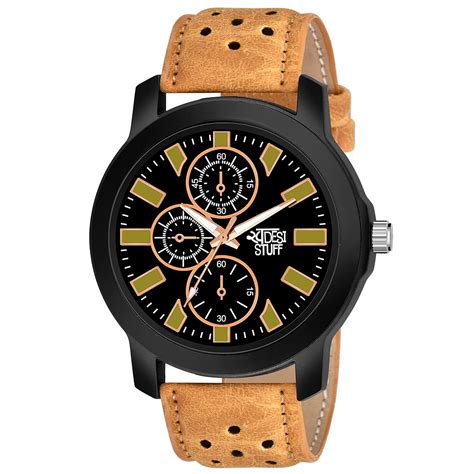 SWADESI STUFF Black Dial Chronographic Brown Leather Strap Stylish ...
