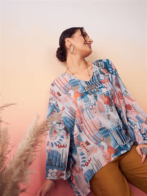 Powder Blue Digital Print Kaftan Boho Top