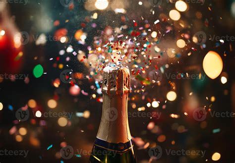 Blurred champagne bottle popping, with confetti and lights adding to ...