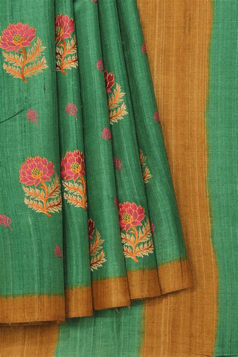 Tussar Silk Teal Green Embroidered Saree – Kalanjali