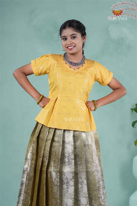 Yellow Traditional Silver Jasmine Pattu Pavadai Set for Girls