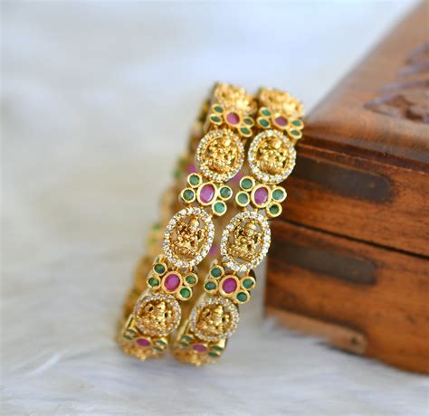 Antique gold tone Cz ruby-green Lakshmi bangles(2.6) dj-42569 – dreamjwell