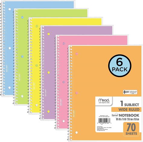 Mead Spiral Notebooks, 6 Pack, 1-Subject, Wide Ruled Paper, 8" x 10-1/2 ...