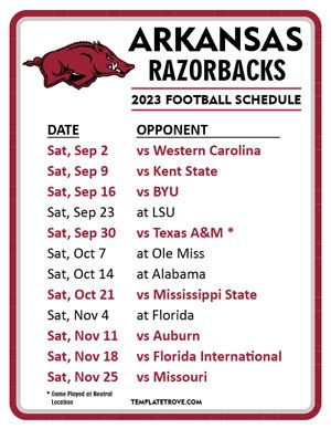 Printable 2023 Arkansas Razorbacks Football Schedule
