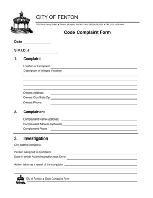 Fillable Online cityoffenton Code Complaint Form.doc. Form to be used ...
