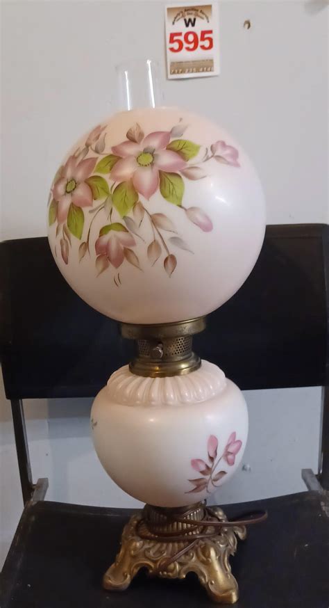 At Auction: Electric Lamp, Flower Painted Globes