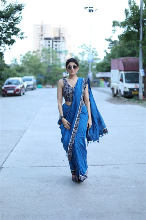 Classy royal blue Cotton saree with animal print border and fish paint ...