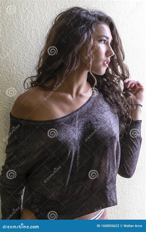 A Lovely Brunette Lingerie Model Poses in a Home Environment Stock ...