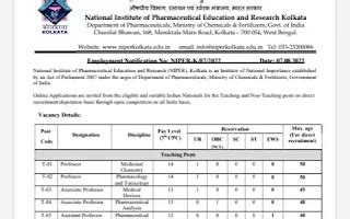 NIPER Kolkata Recruitment 2022 - Apply Teaching And Non Teaching Post