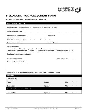 Fillable Online staff uow edu FIELDWORK RISK ASSESSMENT FORM ...