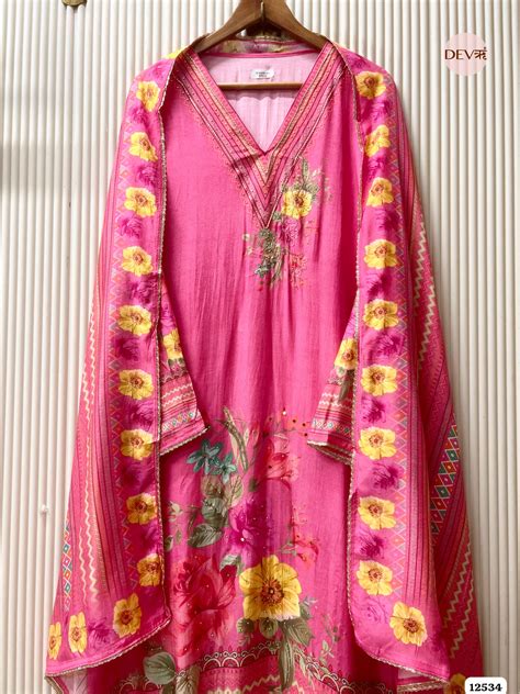 Deep Pink Muslin Printed Unstitched 3-Piece Suit (Devri – D.No . 12534